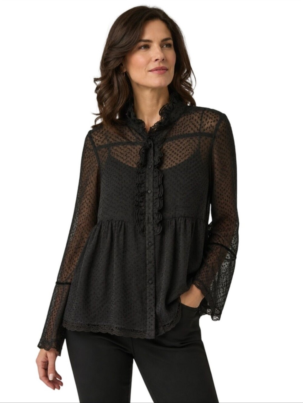 Joseph Ribkoff Vintage Sheer 100% Silk Black Swiss Dot Ruffled Blouse Size L*
